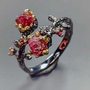 Ring Natural Tourmaline Roughs with Rhodolite Accents 925 Freesize